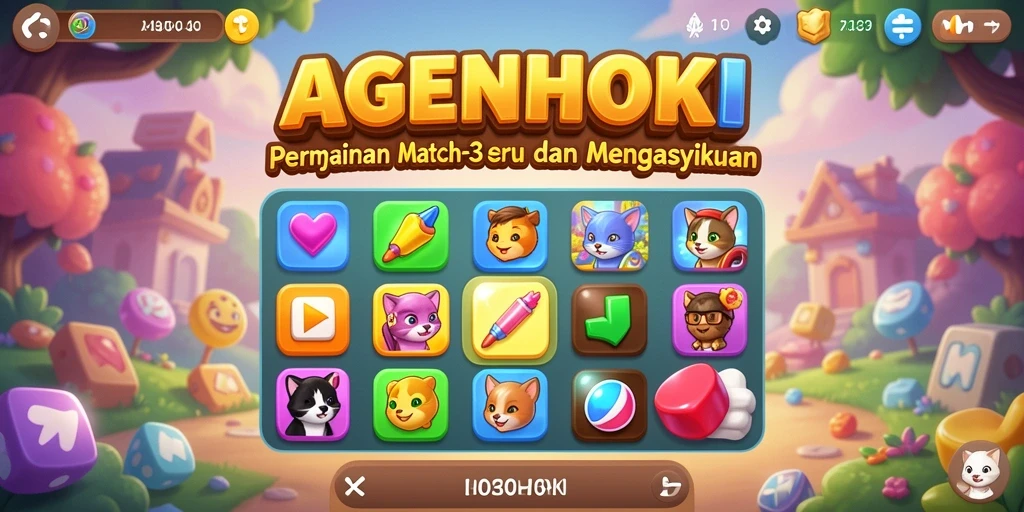 Screenshot AGENHOKI menampilkan gameplay seru Match-3 yang penuh warna.