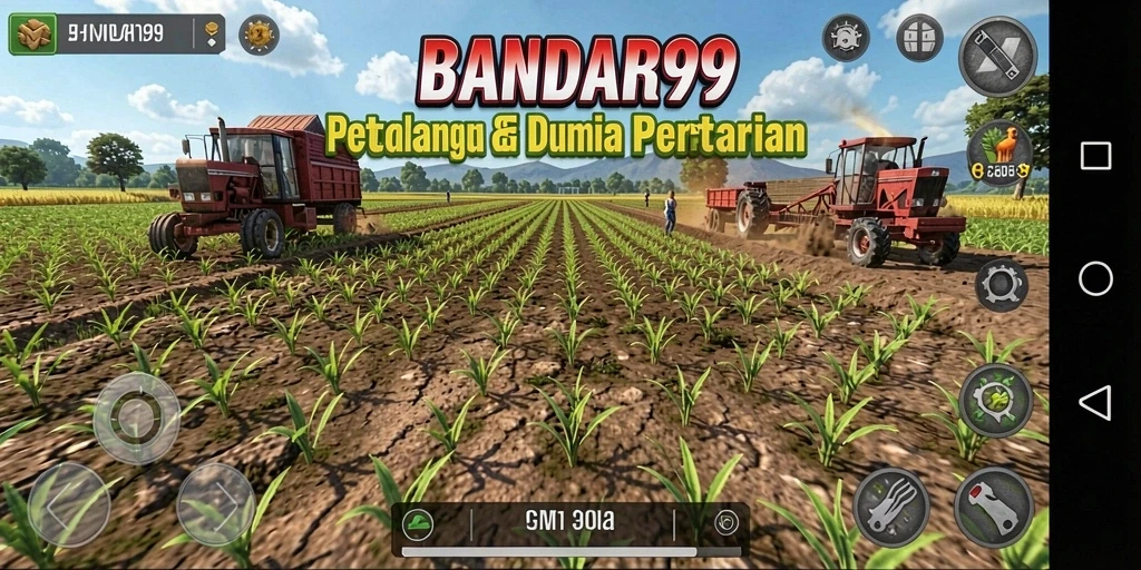 Screenshot gameplay BANDAR99 menampilkan ladang yang subur dan hewan ternak.