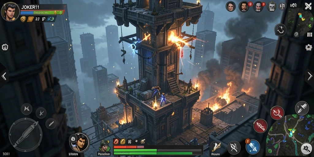 Screenshot gameplay JOKER11 menampilkan pertempuran Tower Defense yang intens.