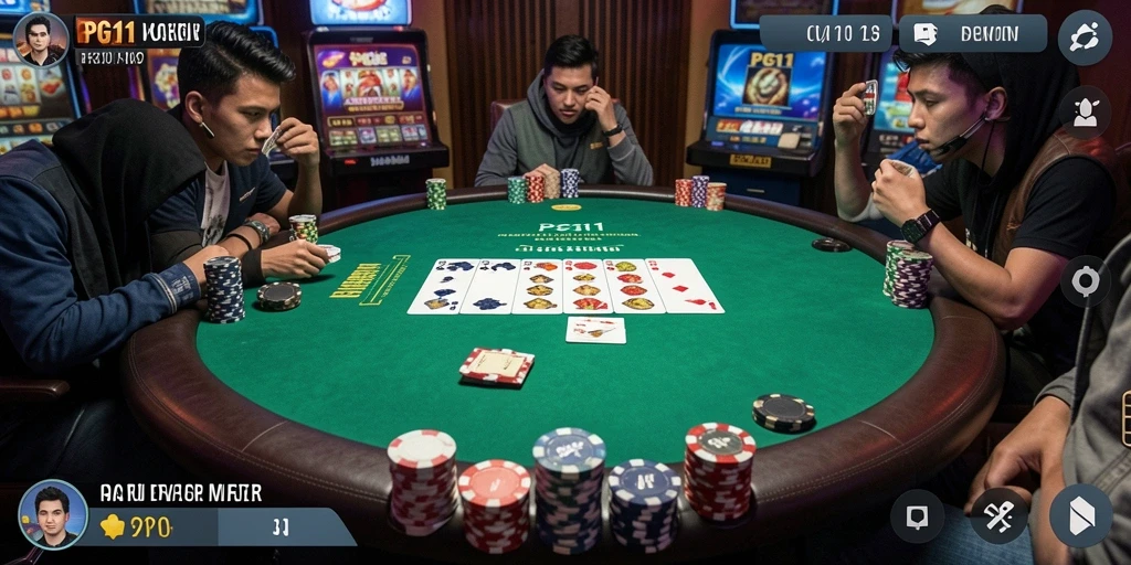 Tampilan screenshot PG11 menunjukkan keseruan gameplay poker yang mendebarkan.
