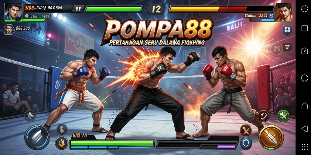 Screenshot POMPA88 menampilkan pertarungan penuh aksi dan karakter yang beragam.