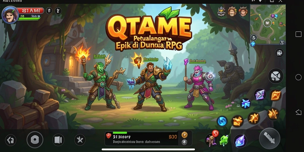 Tampilan gameplay seru dari QTGAME yang menampilkan karakter dalam pertempuran.