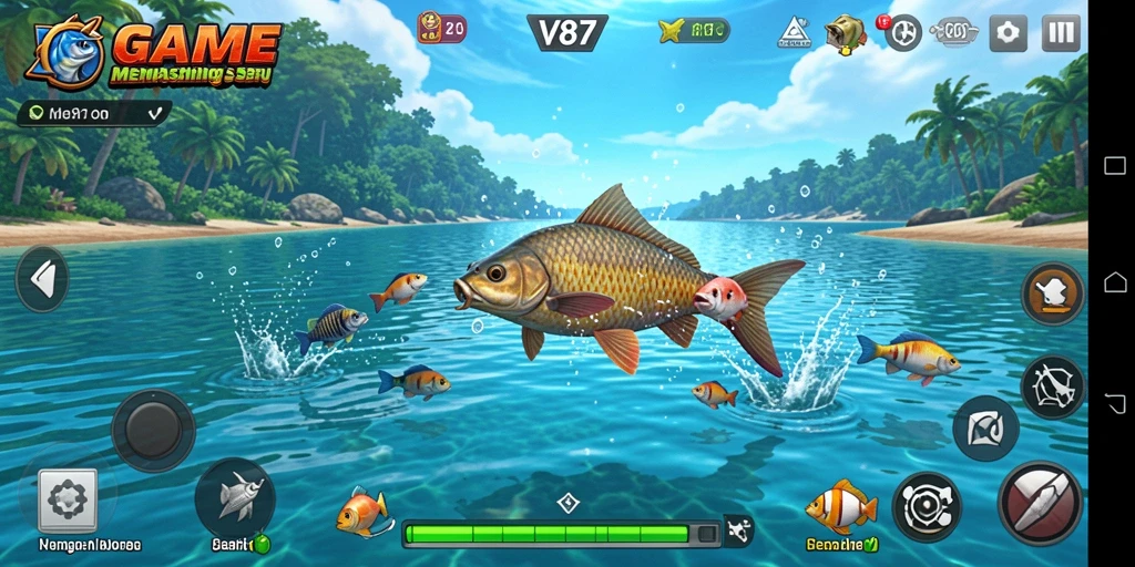 Tampilan gameplay V87 yang seru dan mendebarkan saat menangkap ikan.